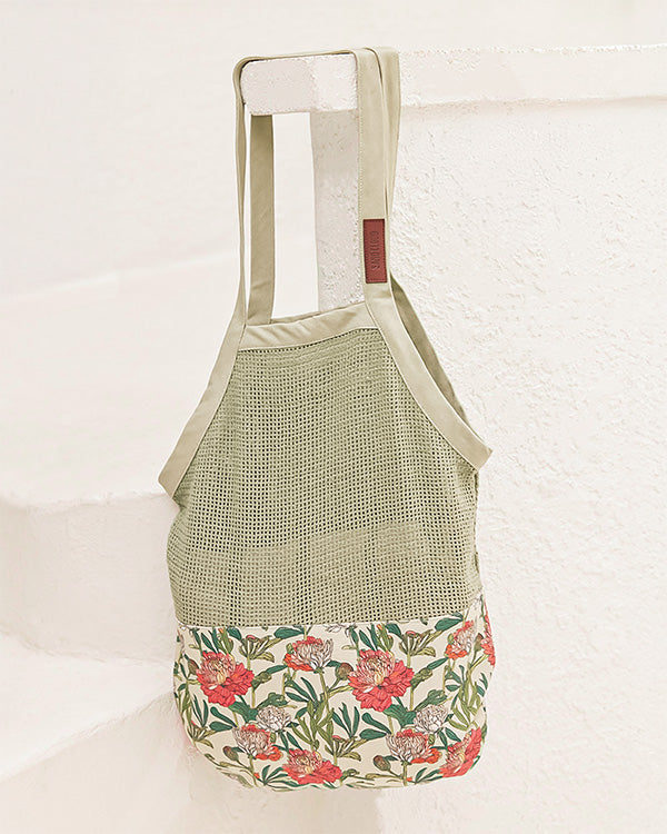 Floral Net Market Bag Natural (With Pocket & Snap Closure)