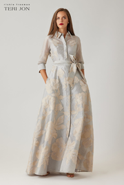 Metallic Floral Jacquard Shirt Waist Gown