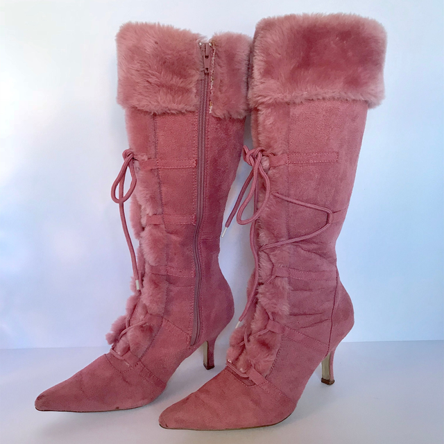 Pink Vegan Suede Pointed Toe Vintage Lace Up Faux Fur Boots