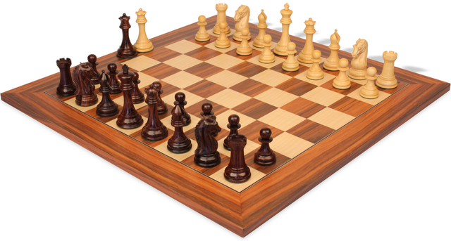 The Craftsman Series Chess Set Rosewood & Boxwood Pieces with Santos Rosewood & Maple Deluxe Board - 3.75" King