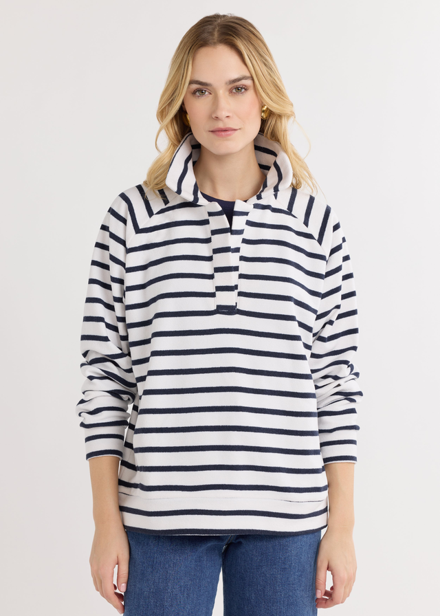 Ingrid Pullover in Terry Fleece (Navy/White Mariner Stripe)