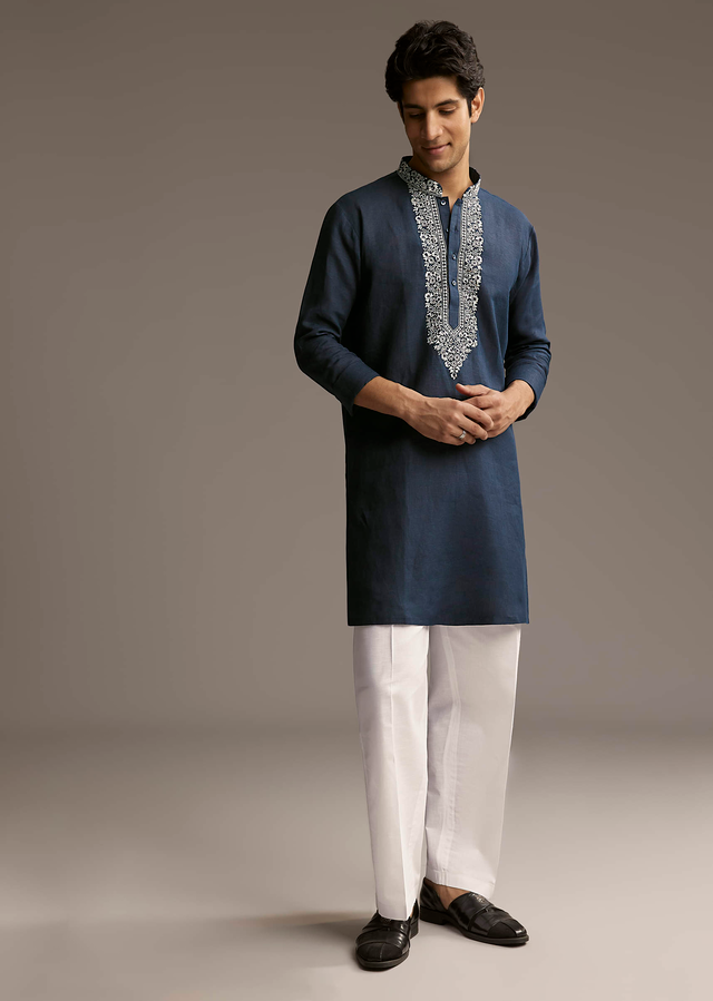 Blue Linen Kurta Set For Men With Thread And Resham Embroidery
