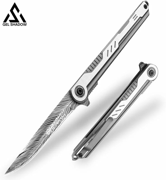 3.5 inch Pocket Knife with Clip and Feather Pattern Blade, EDC Knife for Outdoor
