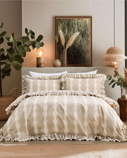 Cotton Wavy Stripe / Gingham Print Reversible Frill Bedding Set - Beige