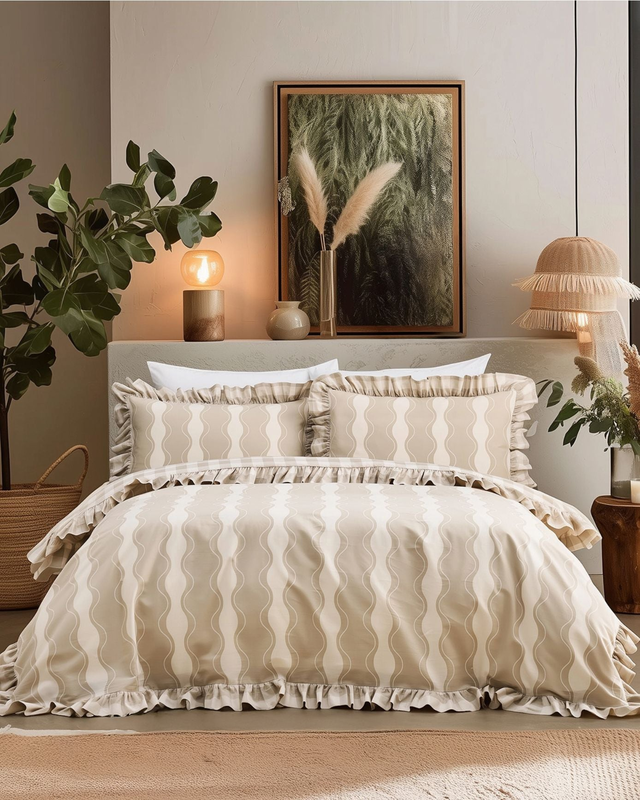 Cotton Wavy Stripe / Gingham Print Reversible Frill Bedding Set - Beige