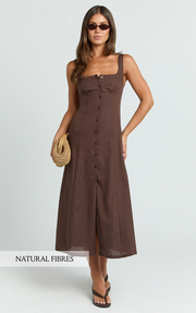 Cameron Midi Dress - Button Front Tie Back Dress in Chocolate