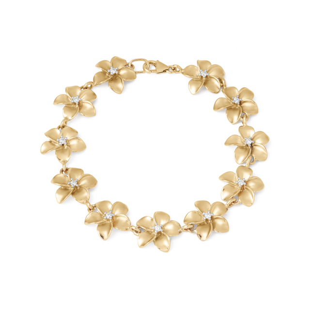 Plumeria Bracelet in Gold with Diamonds - 13mm - Size 7.25"