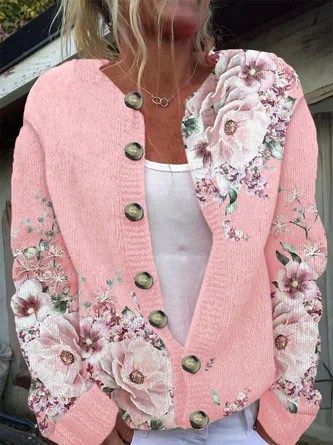 Women Floral Casual Spring/Fall Printing Cardigan