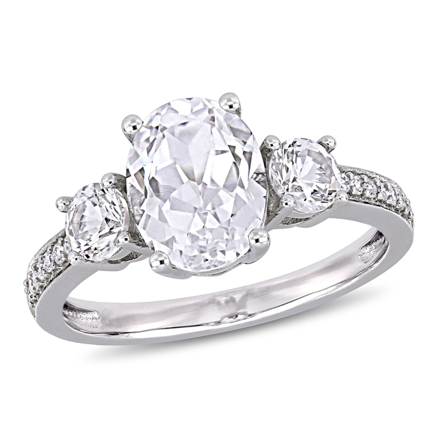 Julie Leah 3-Stone Oval White Sapphire & Diamond Ring in 10k White Gold
