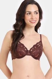 Zivame Cosmic Romance Double Layered Non Wired Medium Coverage Lace Bra - Rum Raisin