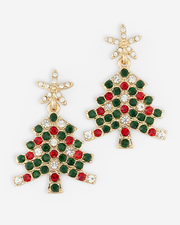 Red and Green Crystal Tree Stud Earrings in Gold