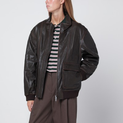 Dark brown leather zip-up bomber jacket