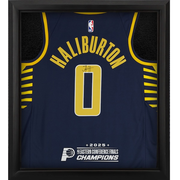 Tyrese Haliburton Indiana Pacers Autographed Fanatics Authentic Nike Navy Icon Swingman Jersey Shadowbox with 2025 NBA Eastern Conference Champions Logo