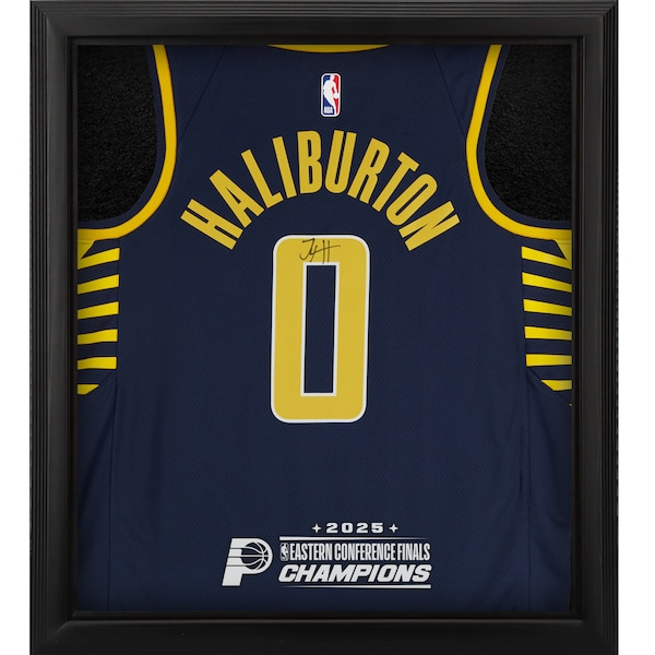 Tyrese Haliburton Indiana Pacers Autographed Fanatics Authentic Nike Navy Icon Swingman Jersey Shadowbox with 2025 NBA Eastern Conference Champions Logo