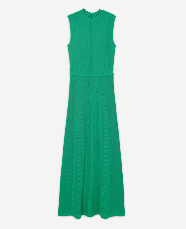 Long green dress in openwork mesh