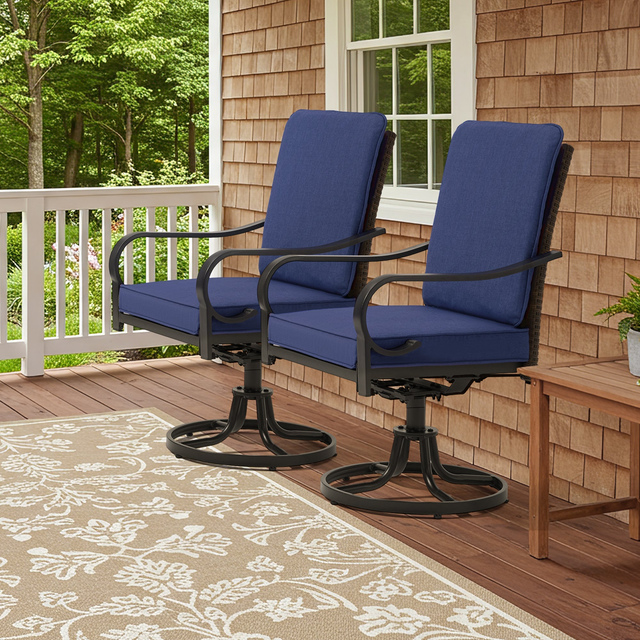 EROMMY Patio Swivel Chairs Set of 2, Heavy Duty Outdoor Dining Chairs with Full Rattan Backrest, Blue