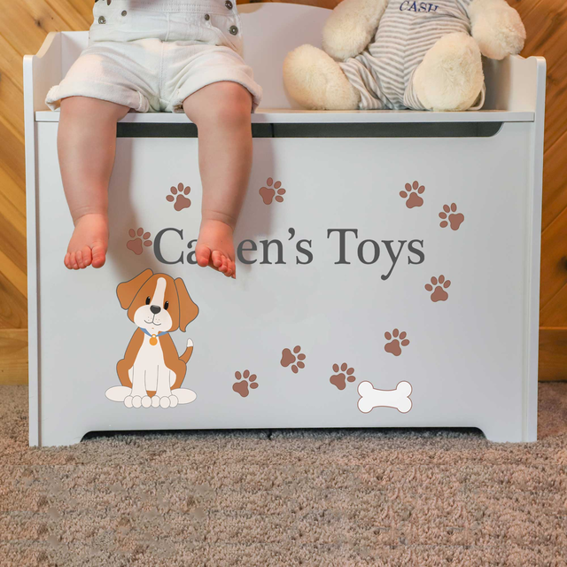 Personalized White Toy Box Bench - Pet Breed Designs