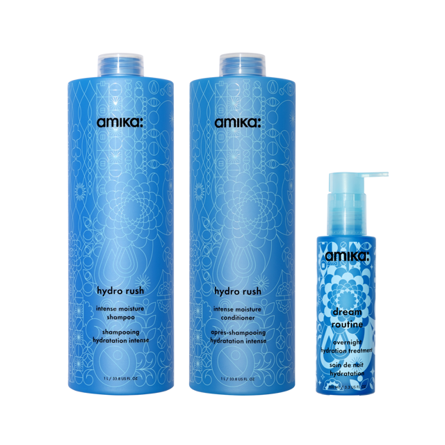 super-sized hydration set | hydro rush intense moisture shampoo + conditioner + dream routine overnight treatment