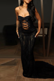 Black Sleeveless Backless Strapless Cross Straps Long Mermaid Hem Formal Evening Party Bodycon Maxi Dresses