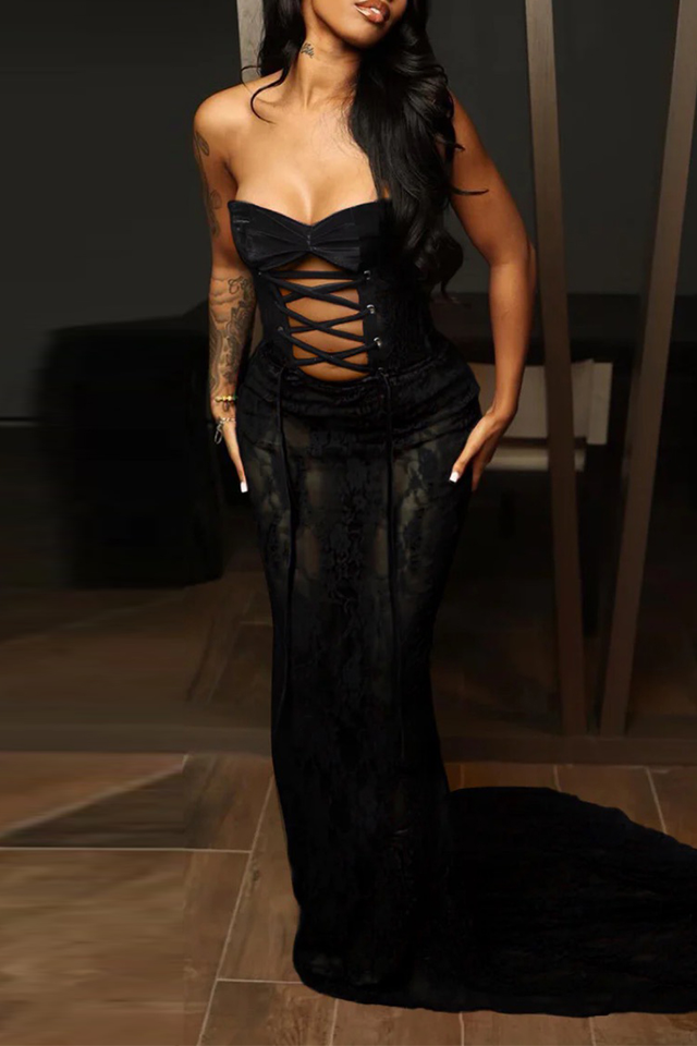 Black Sleeveless Backless Strapless Cross Straps Long Mermaid Hem Formal Evening Party Bodycon Maxi Dresses