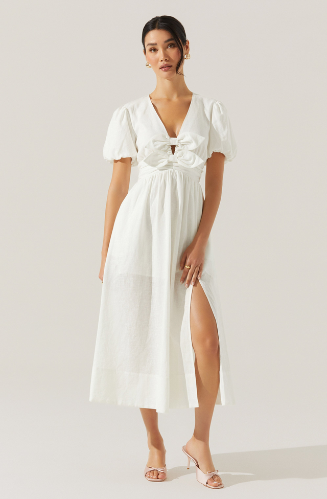 Citrine Linen Bow Front Midi Dress