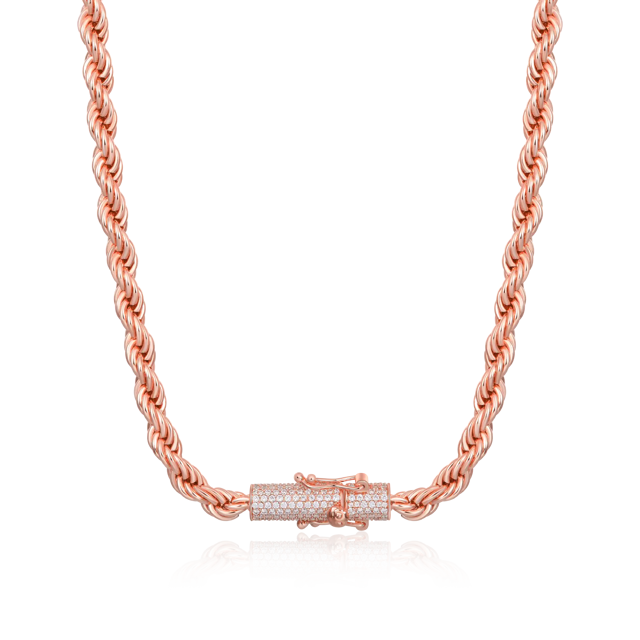6mm Rope Chain With Iced Clasp - Rose Gold