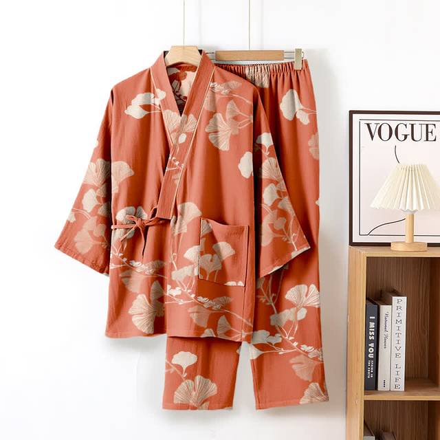 Ownkoti Large Ginkgo Leaf Cotton Kimono Pajamas