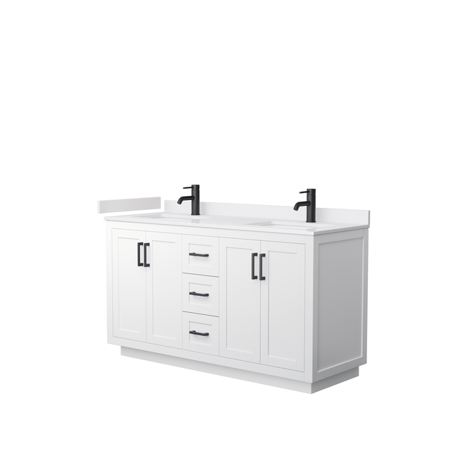Miranda 60" Double Bathroom Vanity in White, White Cultured Marble Countertop, Undermount Square Sinks (1-Hole), Matte Black Trims, and No Mirror