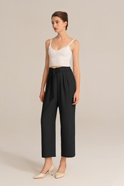 Straight-Legged OL Stretchy Waist Cropped Pants - Black