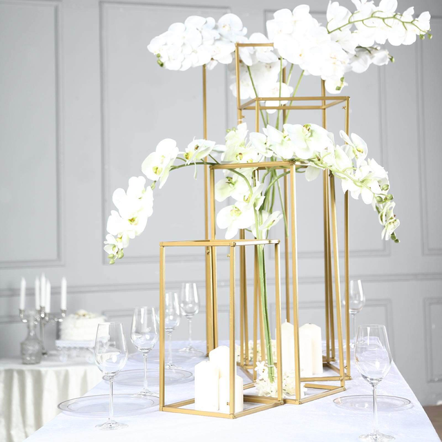 Set of 4 Matte Gold Metal Flower Stands 16"/24"/32"/40" Frame Wedding Column Centerpieces - Durable Display