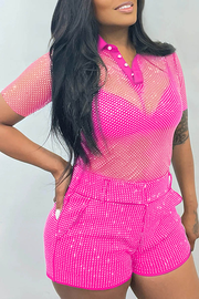 Xpluswear Plus Size Black Daily Shirt Collar See-through Fishnet Blouses