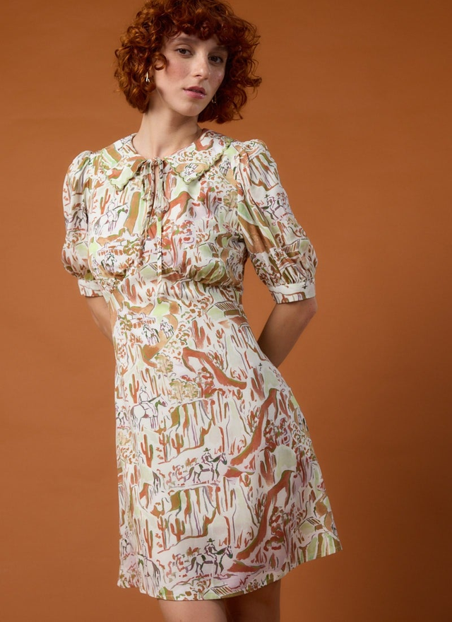 Hattie Painterly Western Print Tie Neck Mini Dress