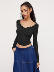 V-neck Solid Bowknot Lace Ruched Long Sleeve Crop Top