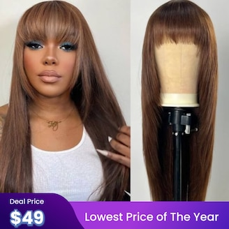 Julia Hair Mocha Medium Brown Hair Straight Layer Hair Cut Glueless Human Hair Wigs With Bangs 50% Off Flash Sale