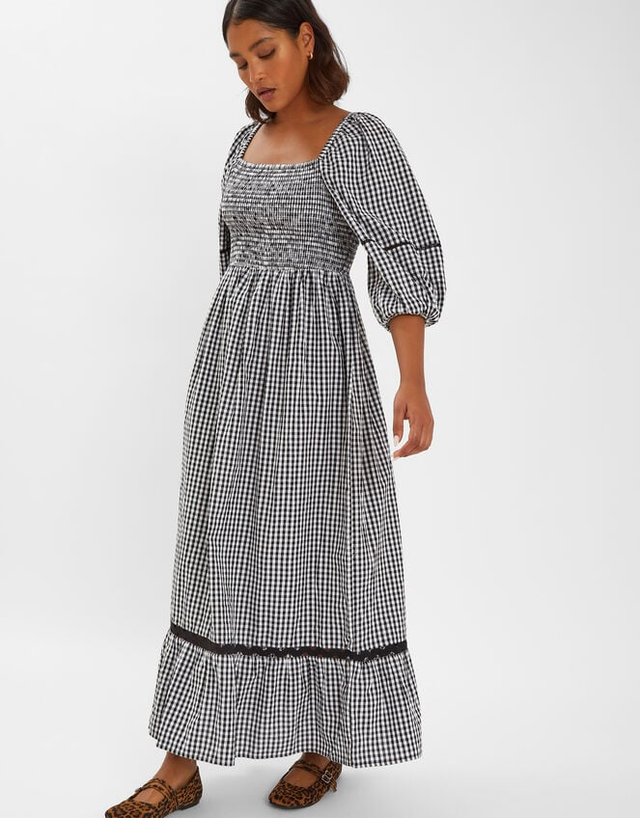 Gingham Puff Sleeve Maxi Dress Black