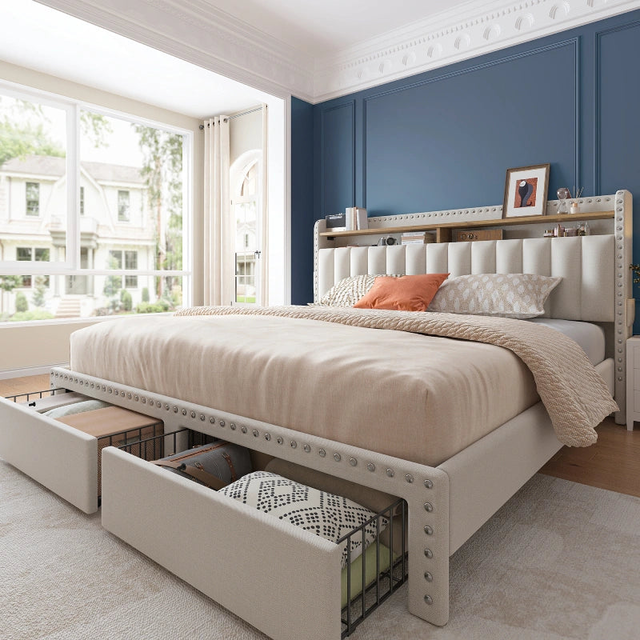 Metal Bed Frame with Storage, Queen&King Size