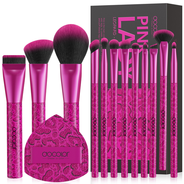 Pink Leopard 12-piece Makeup Brush Set with 1 Powder Puff