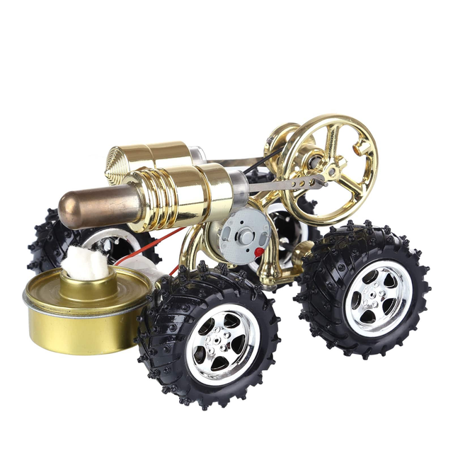 Golden Hot Air Stirling Engine Powered 4-Wheel Car Engine Model Physical Toy