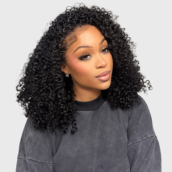 [3 IN 1 HALF WIG] GLUELESS Invisible Half Wig Raw Burmese Curly Wear & Go Drawstring Band Seamless Clip Ins Human Hair Wigs
