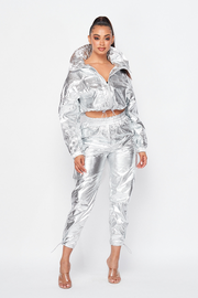 Metallic Pullover Tracksuit Pants Set - Silver