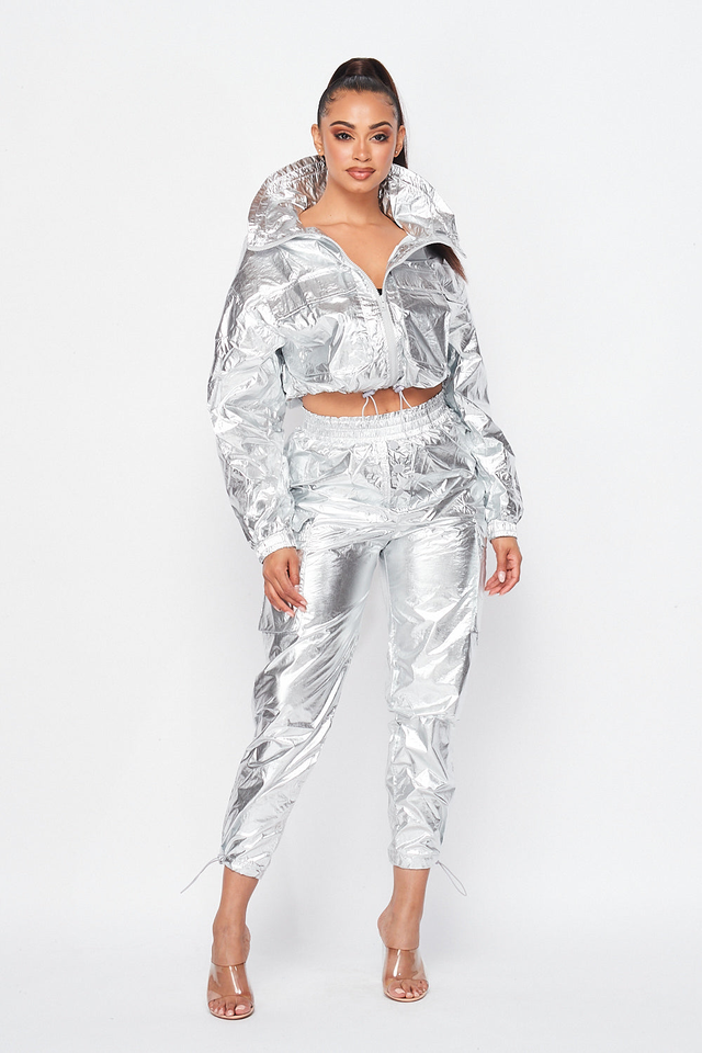Metallic Pullover Tracksuit Pants Set - Silver