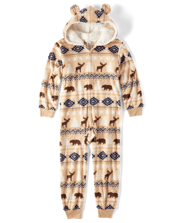 Unisex Kids Matching Family Bear Fairisle Microfleece Hooded One Piece Pajamas - Woodland