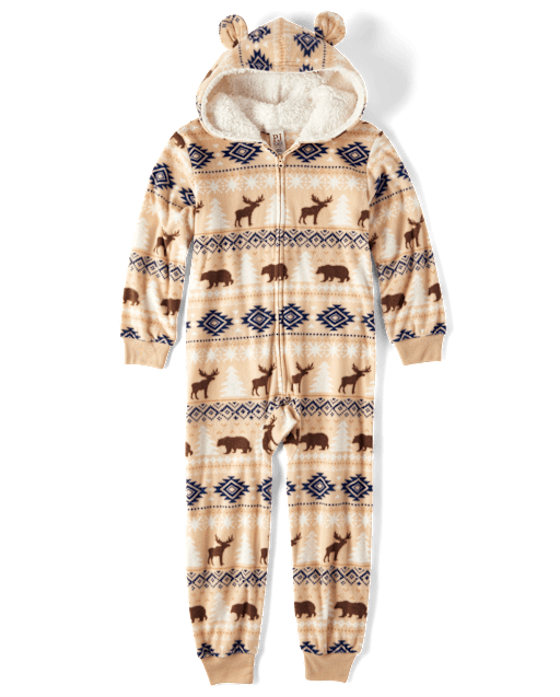 Unisex Kids Matching Family Bear Fairisle Microfleece Hooded One Piece Pajamas - Woodland