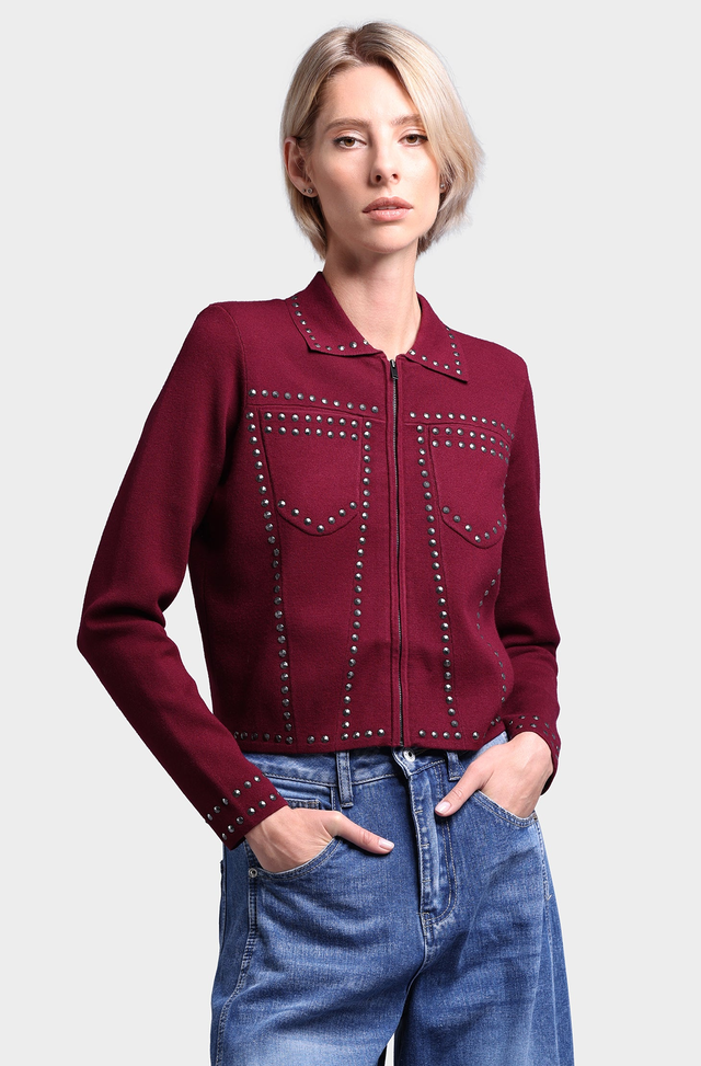 Viscose Blend Collared Zip Jacket with Studs