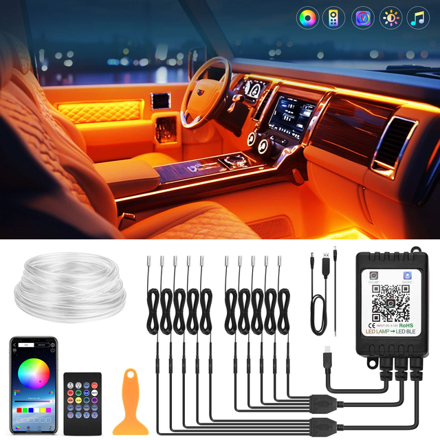 Interior Car LED Strip Lights, RGB Neon Ambient Lighting Kit with Fiber Optic Tubing, 16 Million Colors, Wireless APP & Remote Control, 6-in-1 /8-in-1 /10-in-1