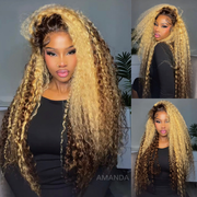 Highlight Color Honey Blonde Curly HD Transparent Lace Front/Closure Wig With Brown Roots- Amanda Hair