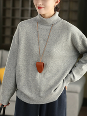 Women Vintage Autumn Pure Color Half-Turtleneck Knitted Sweater