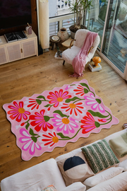 Pink Base Pink Floral Wavy Rug by Jessica Miller