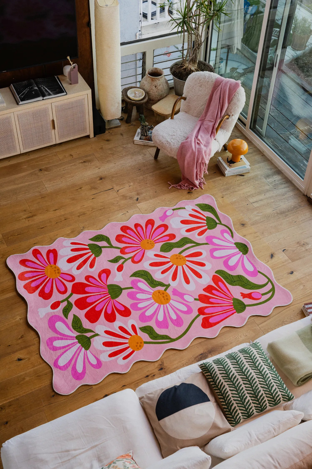 Pink Base Pink Floral Wavy Rug by Jessica Miller