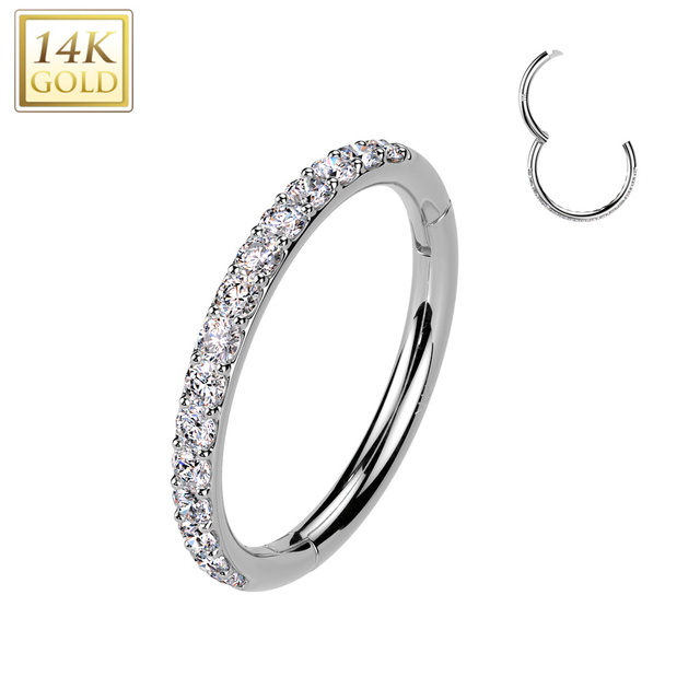 18G 5/16 Clear CZ Gem Solid 14k Gold Outward Facing Hinged Nose Hoop